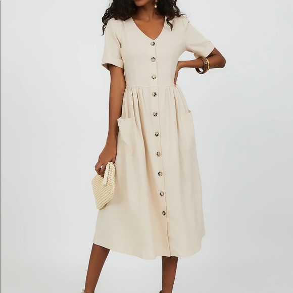 Rachel Dresses & Skirts - Rachel Oatmeal Cottage Core Button Up Midi Dress